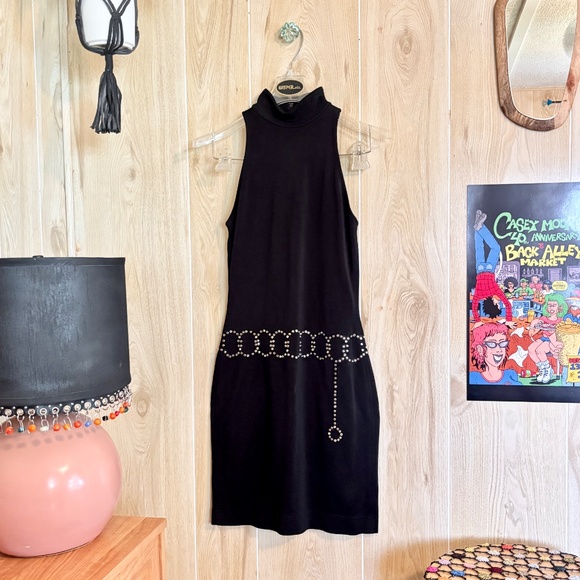 Vintage Women's XSmall Rhinestone Chain Belt Sleeveless Mick Neck Mini Dress - Picture 4 of 11